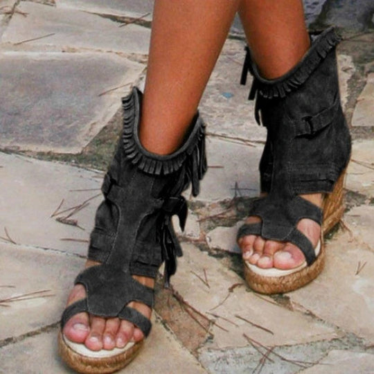 EB | Weinlese PU-Quasten Peeptoe Hohe Keil Sandalen