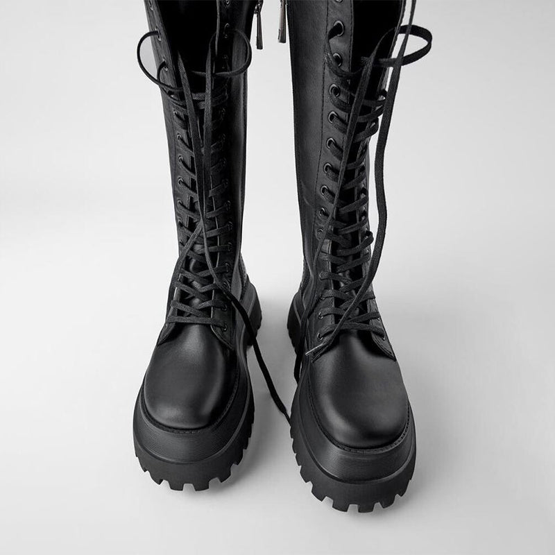 EB | Hohe Stiefel Damen Schwarz mit Schnürung Tracksohle
