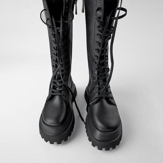 EB | Hohe Stiefel Damen Schwarz mit Schnürung Tracksohle