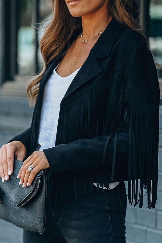 EB | Revers Langarm Fransen Crop Hippie Jacke