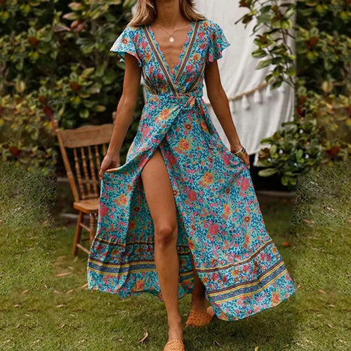 EB | Elegantes V-Ausschnitt Wickel Maxi Kleid