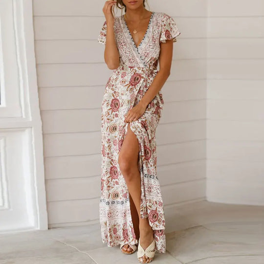 EB | Elegantes V-Ausschnitt Wickel Maxi Kleid