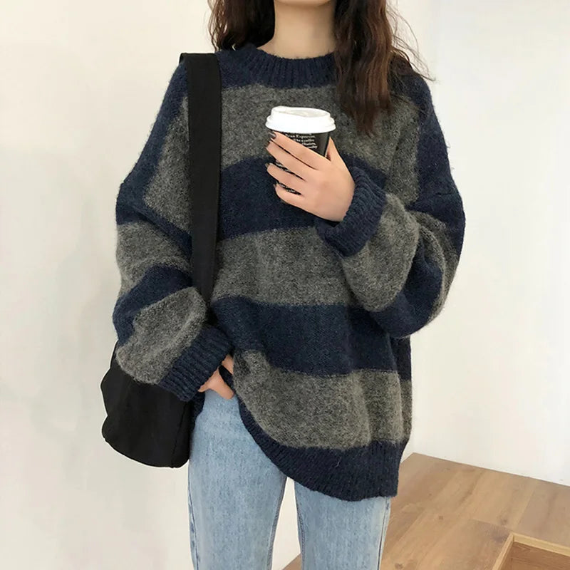 EB | Pullover - Damen Herbst Übergröße Gestreifter Strickpullover