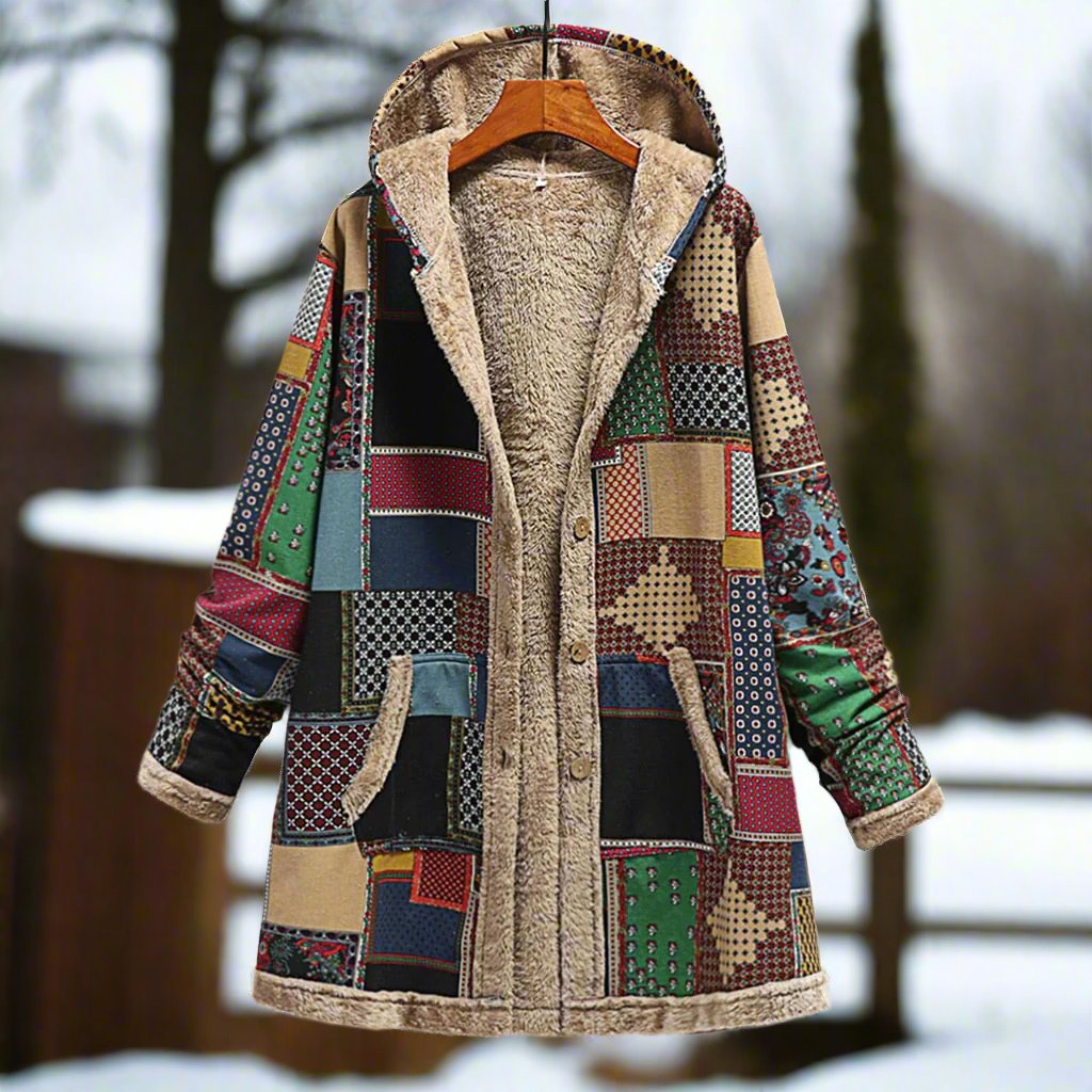 EB | Langer Patchwork-Mantel Gefüttert mit Fleece Kapuze & Knopfverschluss Lässiger Look
