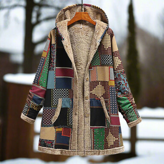 EB | Langer Patchwork-Mantel Gefüttert mit Fleece Kapuze & Knopfverschluss Lässiger Look