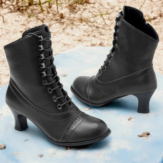 EB | Damen Viktorianische Braune Mid-Heel Schnürstiefel mit Reißverschluss