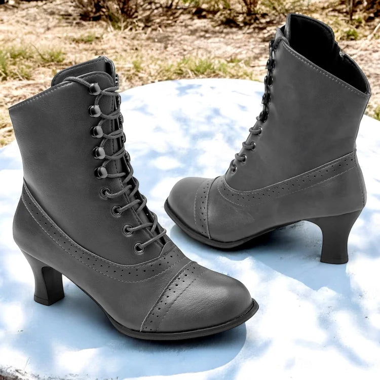 EB | Damen Viktorianische Braune Mid-Heel Schnürstiefel mit Reißverschluss