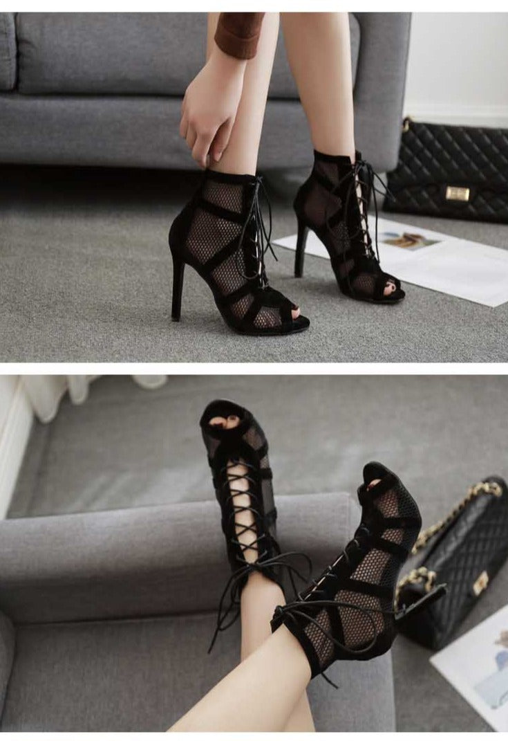 EB | Schwarze Schnürung Peep Toe Netz High Heel Knöchel Stiefel