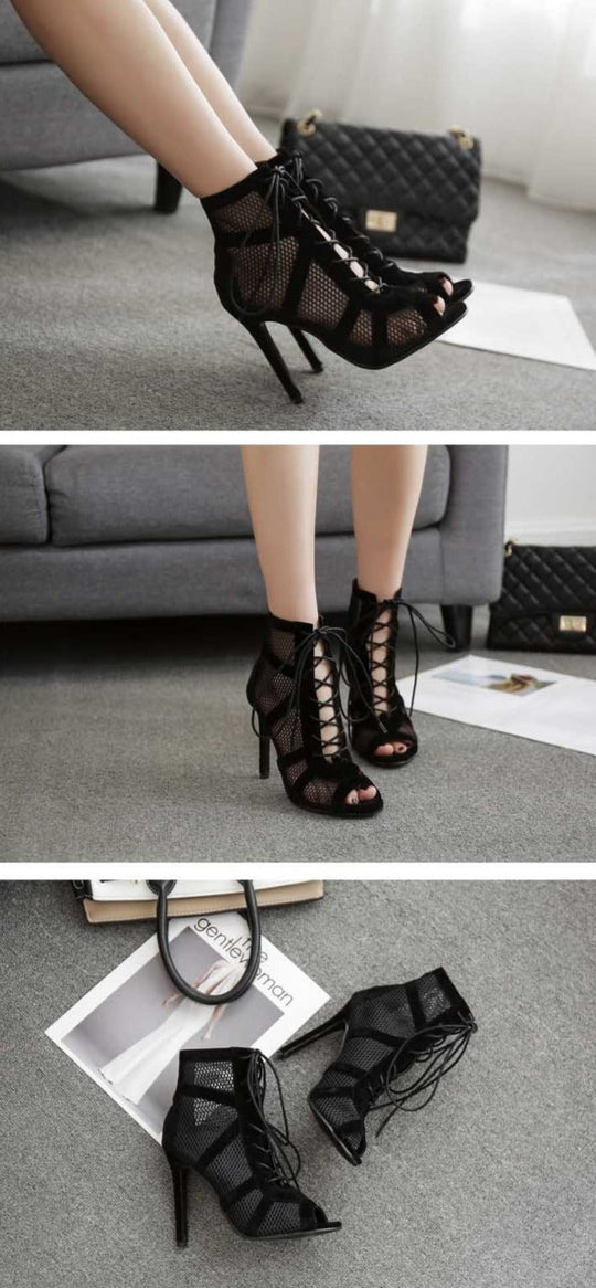 EB | Schwarze Schnürung Peep Toe Netz High Heel Knöchel Stiefel