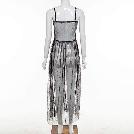EB | Stern Schwarz Netz Transparent Ärmelloses Maxi-Kleid