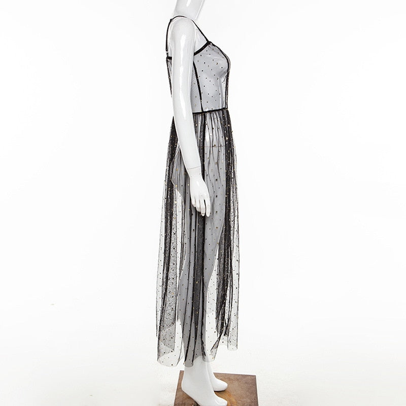 EB | Stern Schwarz Netz Transparent Ärmelloses Maxi-Kleid