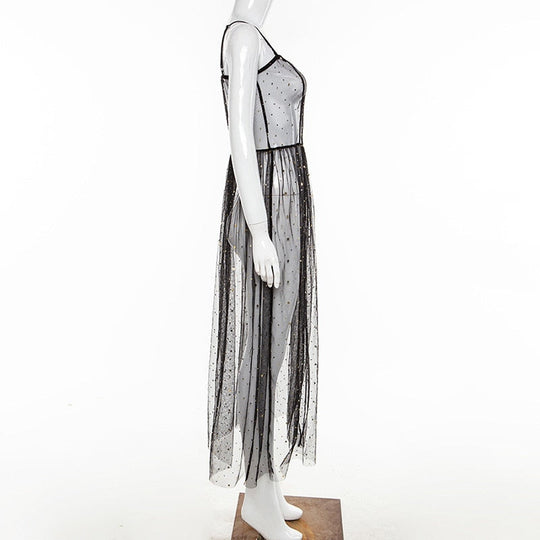 EB | Stern Schwarz Netz Transparent Ärmelloses Maxi-Kleid