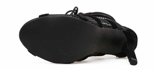 EB | Schwarze Schnürung Peep Toe Netz High Heel Knöchel Stiefel