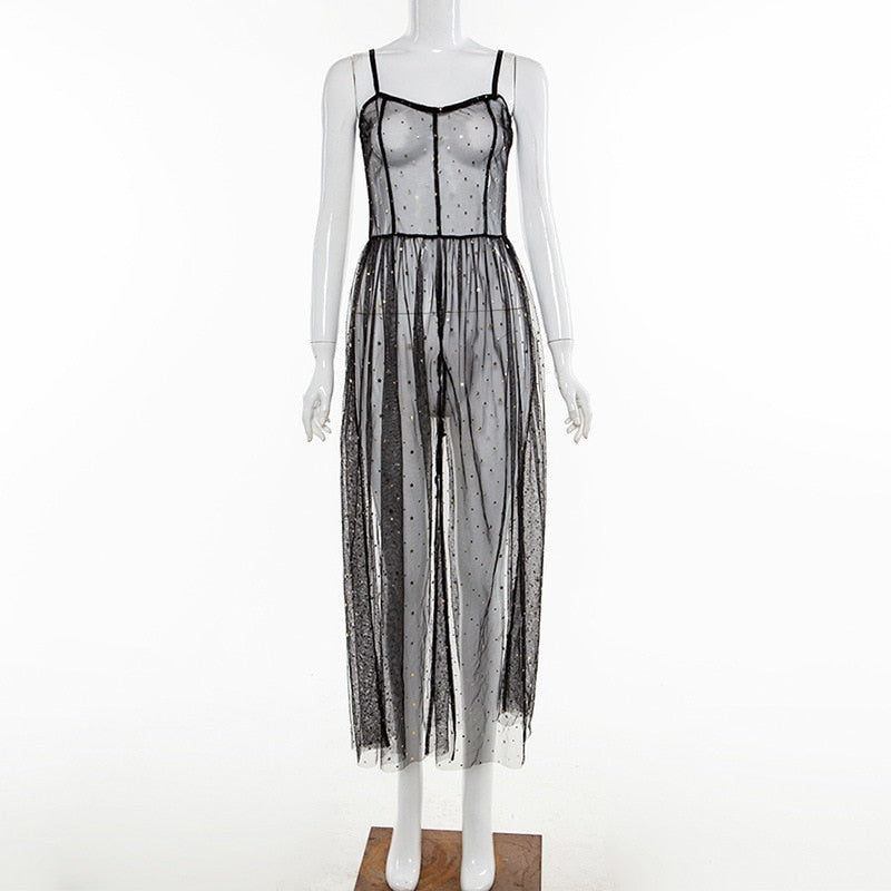 EB | Stern Schwarz Netz Transparent Ärmelloses Maxi-Kleid