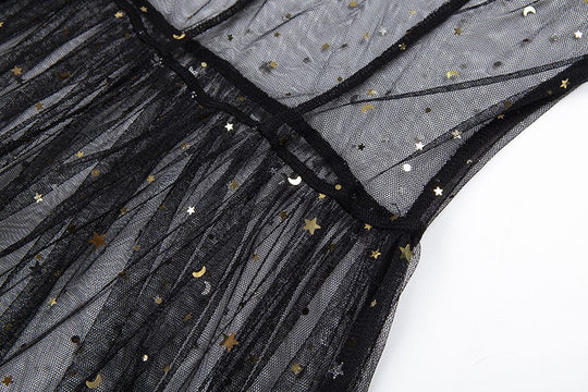 EB | Stern Schwarz Netz Transparent Ärmelloses Maxi-Kleid