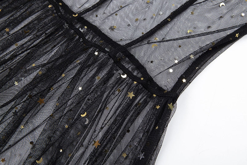 EB | Stern Schwarz Netz Transparent Ärmelloses Maxi Kleid