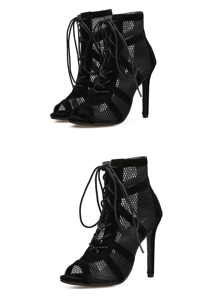 EB | Schwarze Schnürung Peep Toe Netz High Heel Knöchel Stiefel