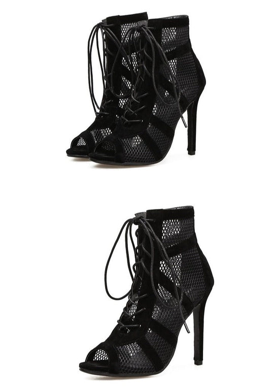 EB | Schwarze Schnürung Peep Toe Netz High Heel Knöchel Stiefel