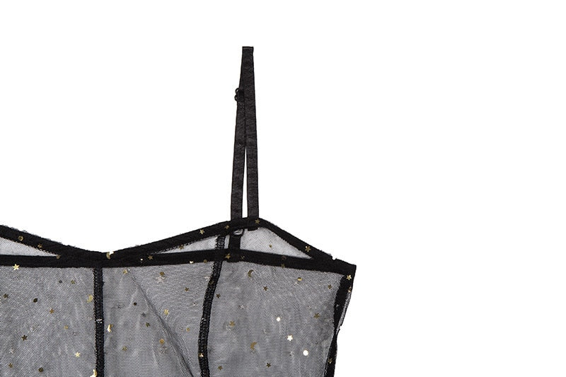EB | Stern Schwarz Netz Transparent Ärmelloses Maxi-Kleid