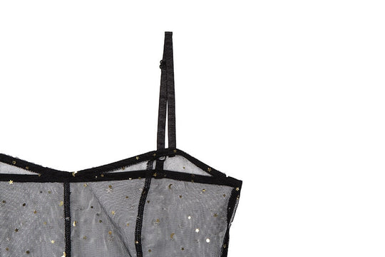 EB | Stern Schwarz Netz Transparent Ärmelloses Maxi-Kleid