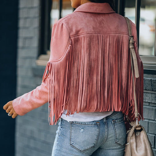 EB | Revers Langarm Fransen Crop Hippie Jacke