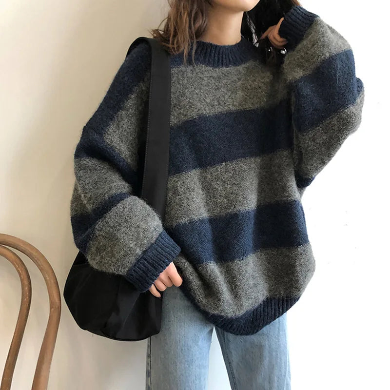 EB | Pullover - Damen Herbst Übergröße Gestreifter Strickpullover