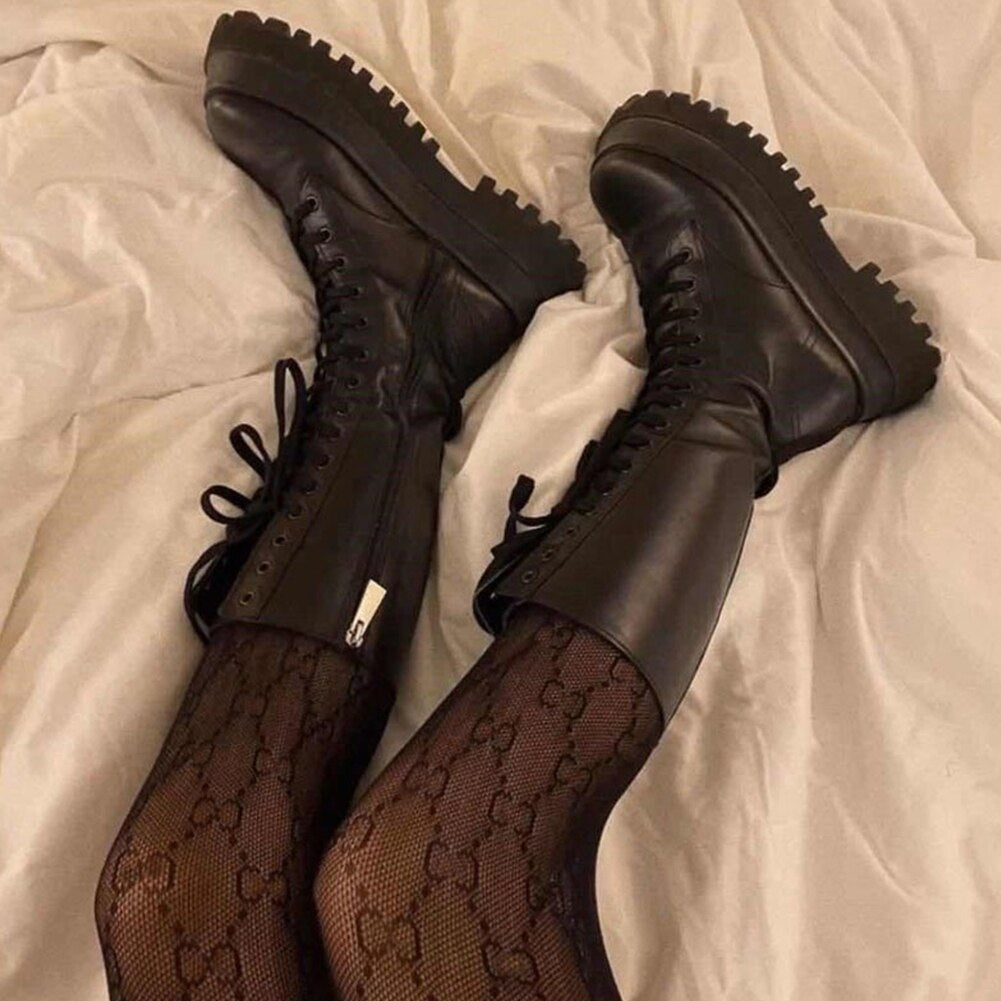 EB | Hohe Stiefel Damen Schwarz mit Schnürung Tracksohle