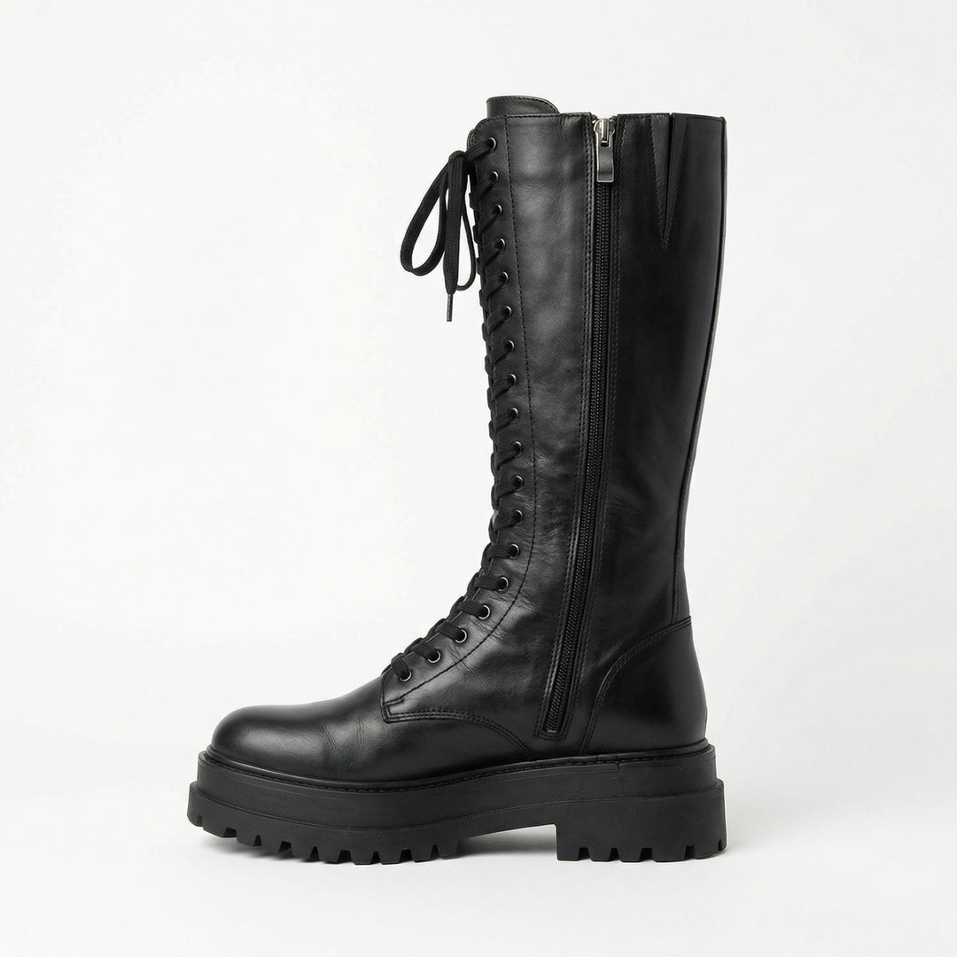 EB | Hohe Stiefel Damen Schwarz mit Schnürung Tracksohle
