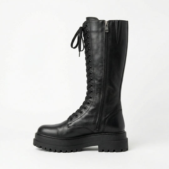 EB | Hohe Stiefel Damen Schwarz mit Schnürung Tracksohle