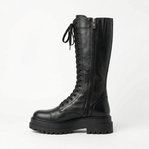 EB | Hohe Stiefel Damen Schwarz mit Schnürung Tracksohle
