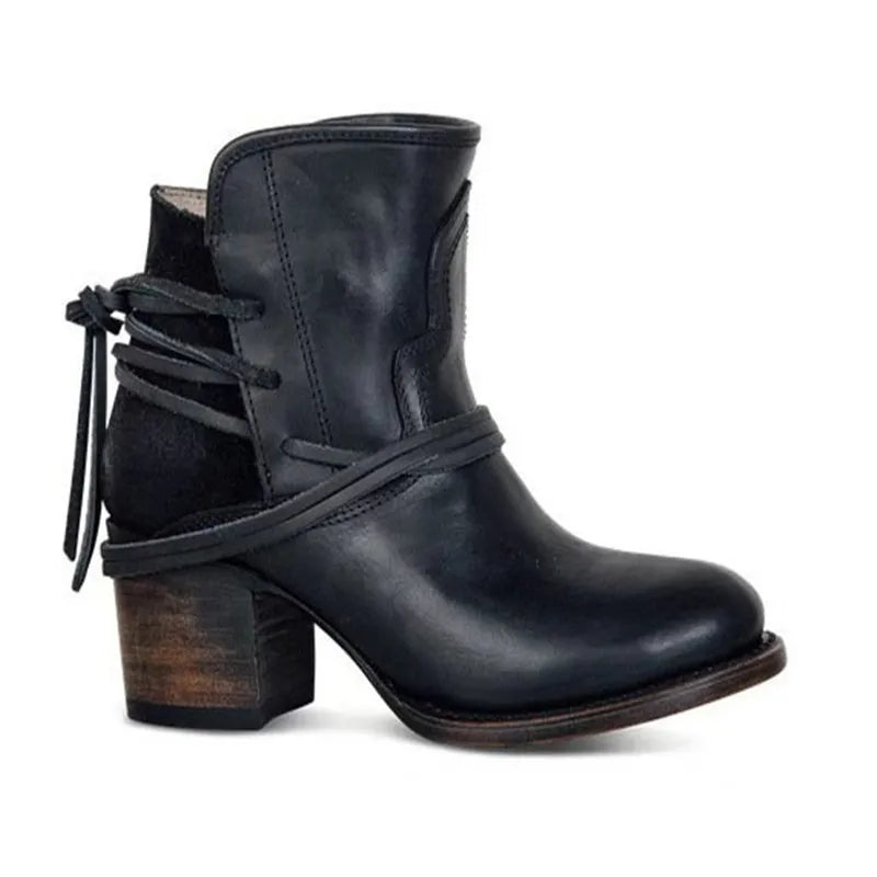 EB | Western Stiefel Leder Knöchelhöhe Gealterte Optik Blockabsatz Weinlese Stil