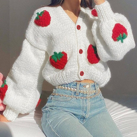 EB | Strickjacke Weiches gestricktes Jacket mit süßen Erdbeeren