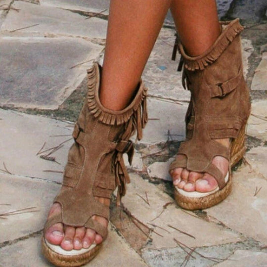 EB | Weinlese PU-Quasten Peeptoe Hohe Keil Sandalen