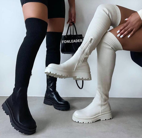 EB | Über-Die-Knie Elastische Strickstiefel