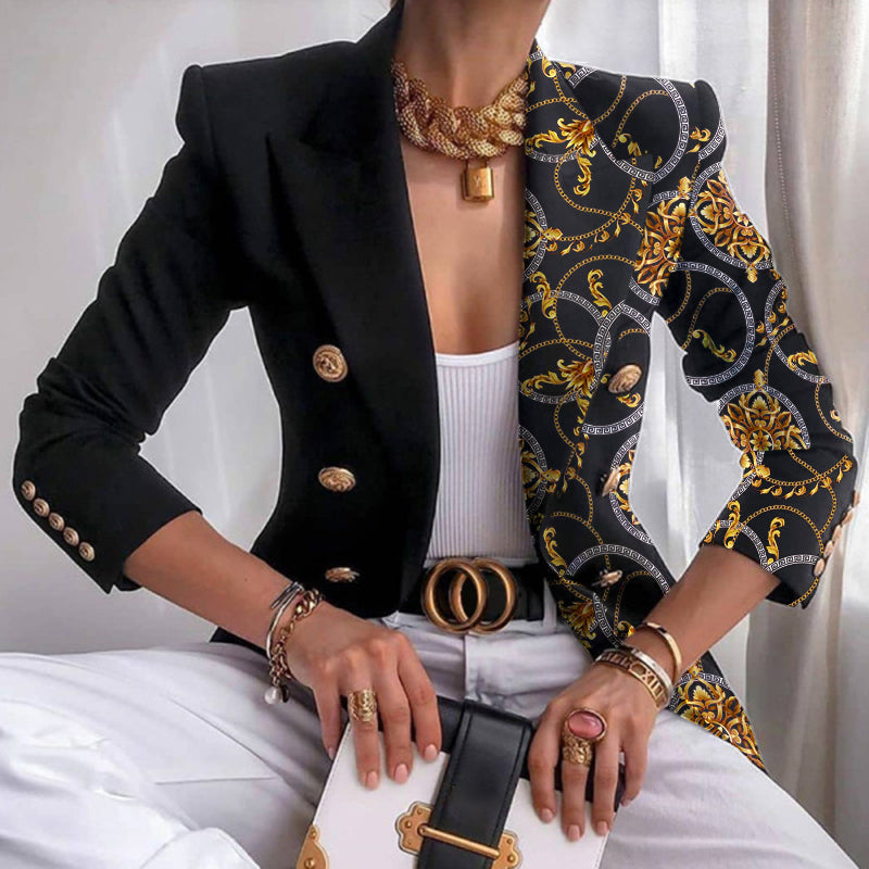 EB | Asymmetrischer Blazer mit aufwändigem Gold- und Kettenmuster perfekt für lässige Tage