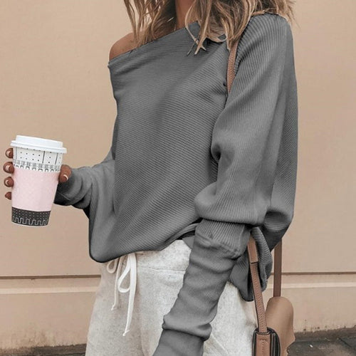 EB | Lockere Passform Rippstrick Off Shoulder Langarm