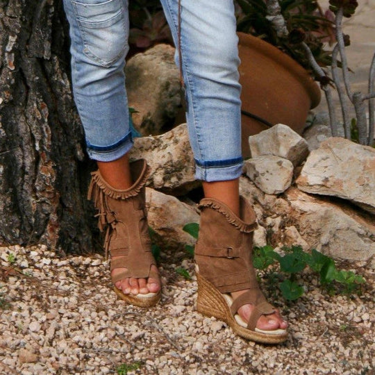 EB | Weinlese PU-Quasten Peeptoe Hohe Keil Sandalen