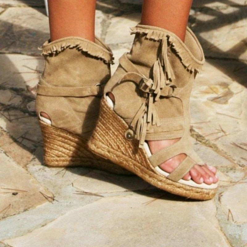EB | Weinlese PU-Quasten Peeptoe Hohe Keil Sandalen