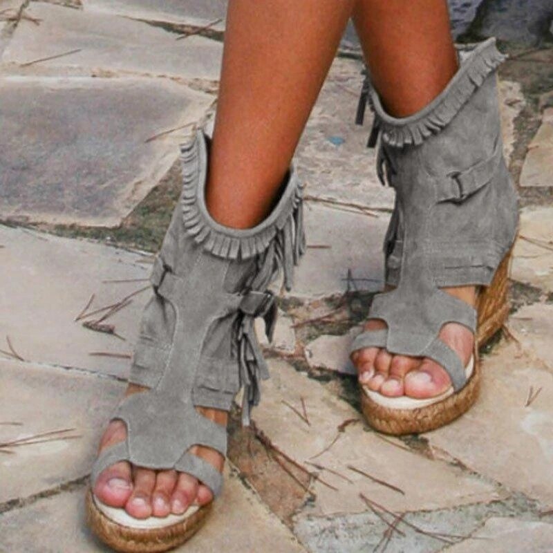 EB | Weinlese PU-Quasten Peeptoe Hohe Keil Sandalen