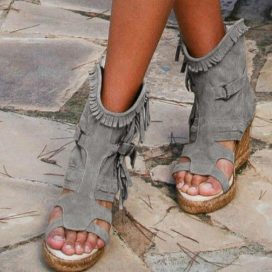 EB | Weinlese PU-Quasten Peeptoe Hohe Keil Sandalen