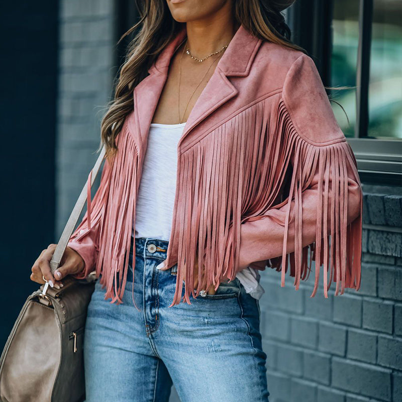 EB | Revers Langarm Fransen Crop Hippie Jacke