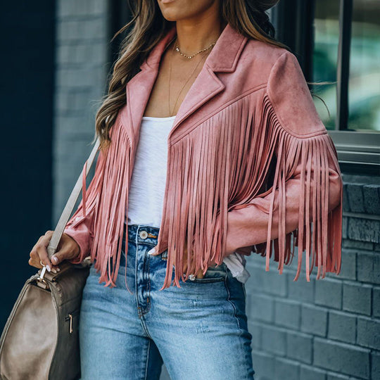 EB | Revers Langarm Fransen Crop Hippie Jacke