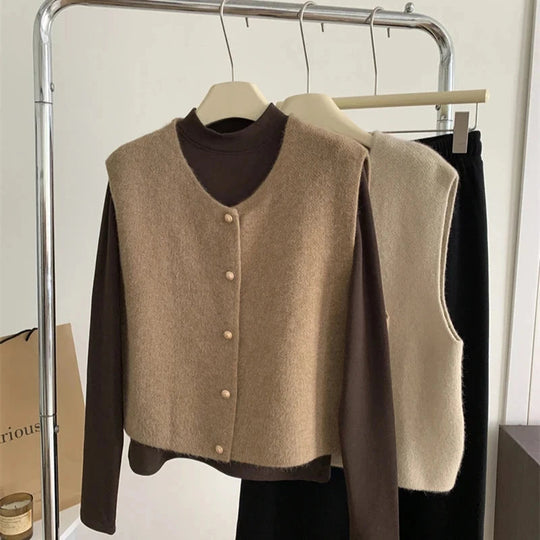 EB | Damen Strickjacke Ohne Ärmel mit Knopfverschluss