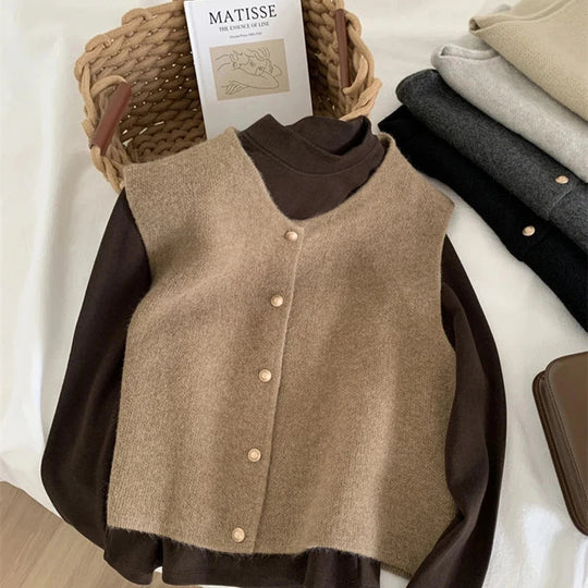 EB | Damen Strickjacke Ohne Ärmel mit Knopfverschluss