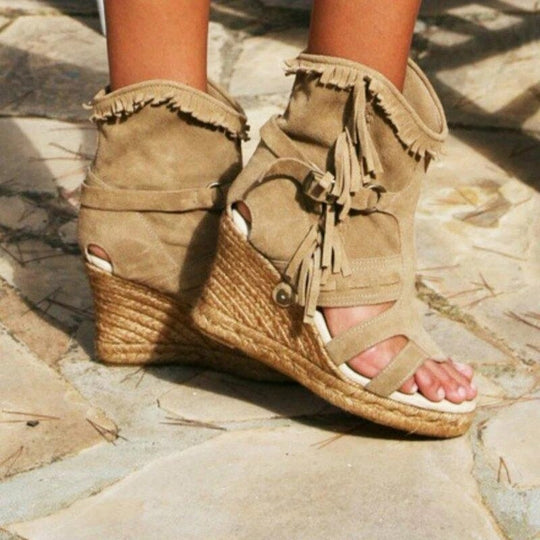 EB | Weinlese PU-Quasten Peeptoe Hohe Keil Sandalen