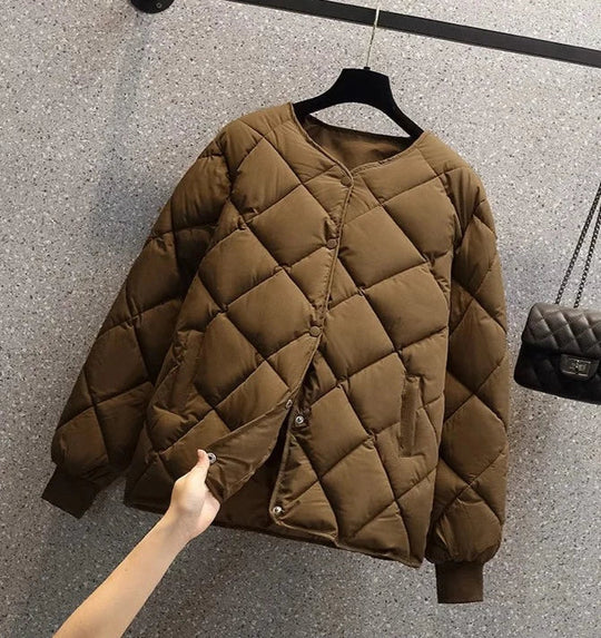EB | Ge Quiltete Jacke - Diamantmuster - Rundhalsausschnitt - Druckknopfverschluss - Rippbündchen