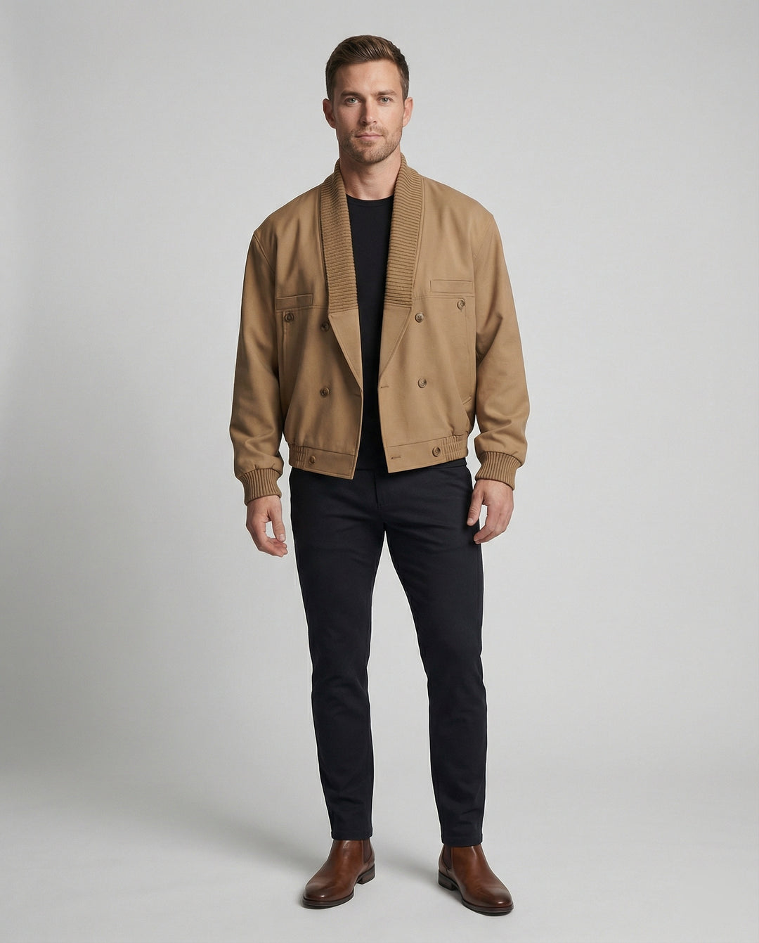 Kastiger Blouson mit geripptem Schalkragen, Druckknopffront und elastischem Saum EB