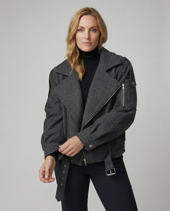 Weit geschnittene Wollmix-Bikerjacke mit großem Revers und Taillengürtel EB