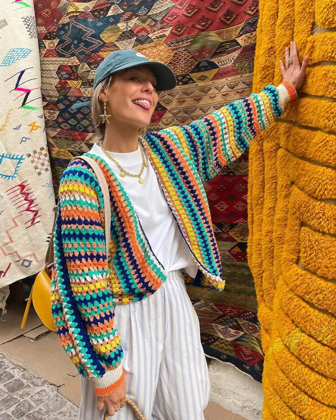 EB | Strickjacke Häkel-Design Lockerer Schnitt Offene Vorderseite Lange Ärmel