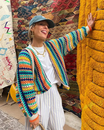 EB | Strickjacke Häkel-Design Lockerer Schnitt Offene Vorderseite Lange Ärmel